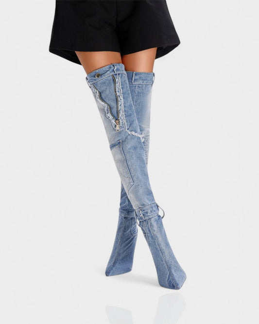 KACY Denim High-Rise Stiletto Boots