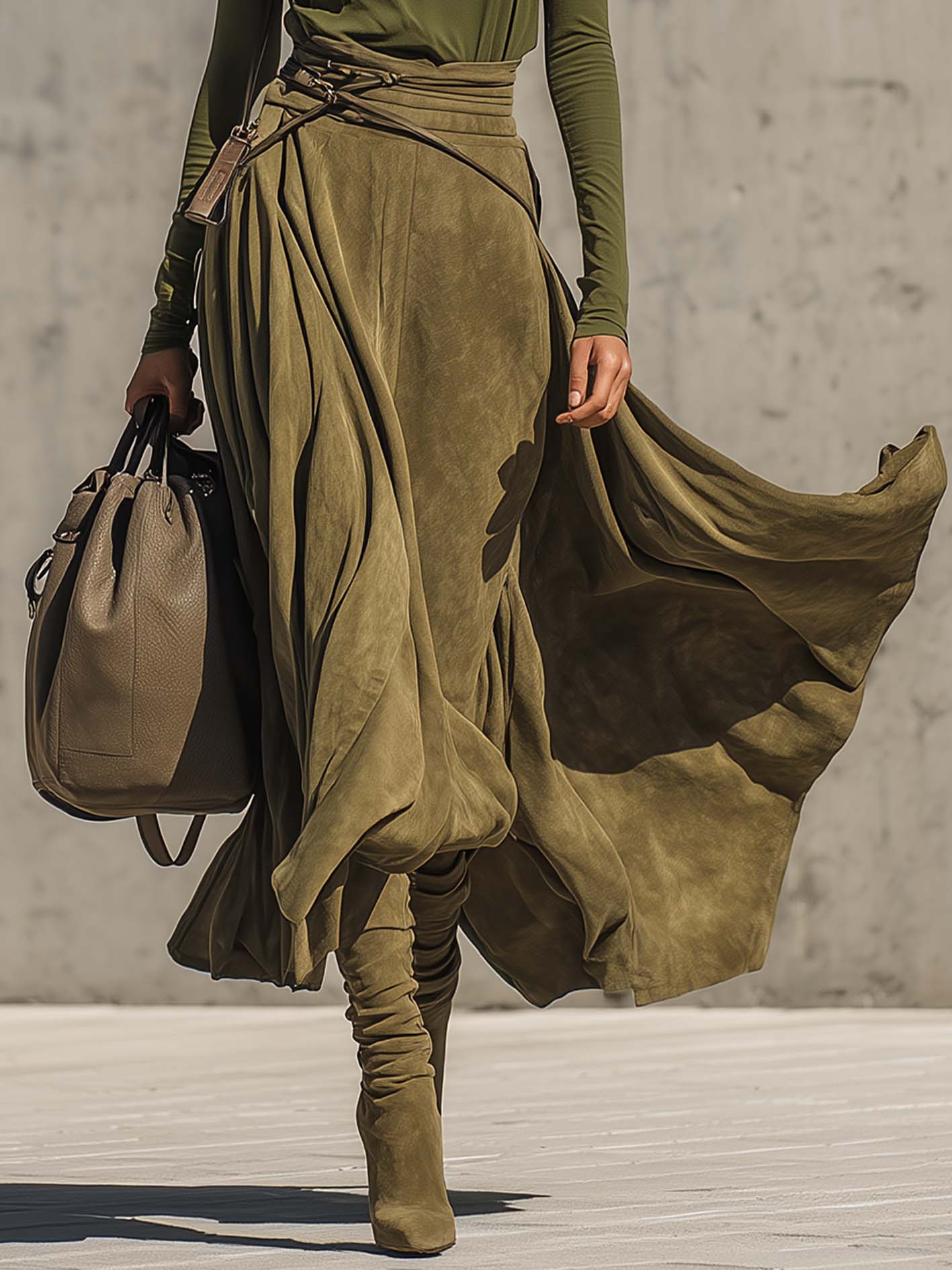 Olive Green Stretch Turtleneck Top And Faux Suede Maxi Skirt Set(Includes belt)