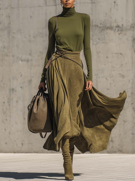 Olive Green Stretch Turtleneck Top And Faux Suede Maxi Skirt Set(Includes belt)