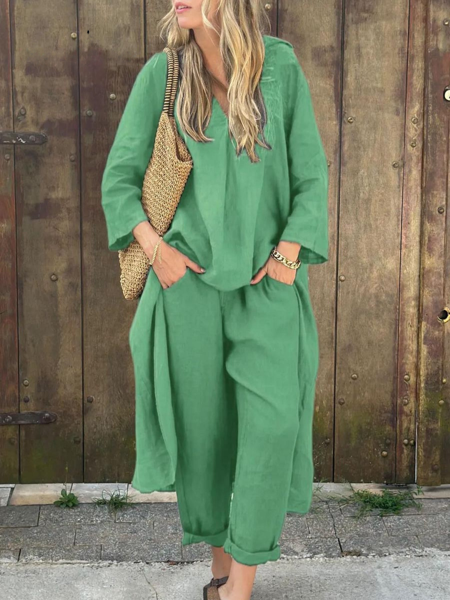 Linen Irregular Loose V-neck Top and High-Waisted Pocket Wide-leg Pants Set