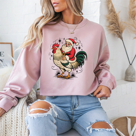 Santa on Rooster Christmas Crewneck Sweatshirt