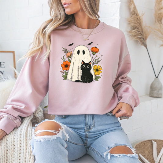 Cute Ghost Black Cat Halloween Crewneck Sweatshirt - Samberule