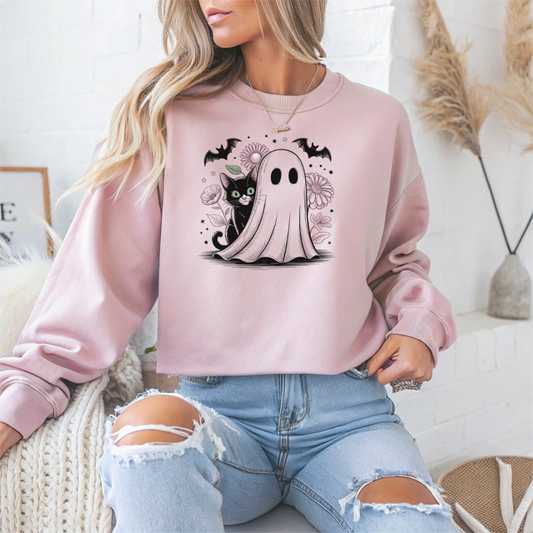 Halloween Ghost And Black Cat Halloween Crewneck Sweatshirt - Samberule