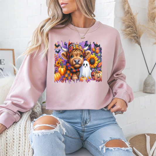 Fall Highland Cow Ghost Halloween Crewneck Sweatshirt - Samberule