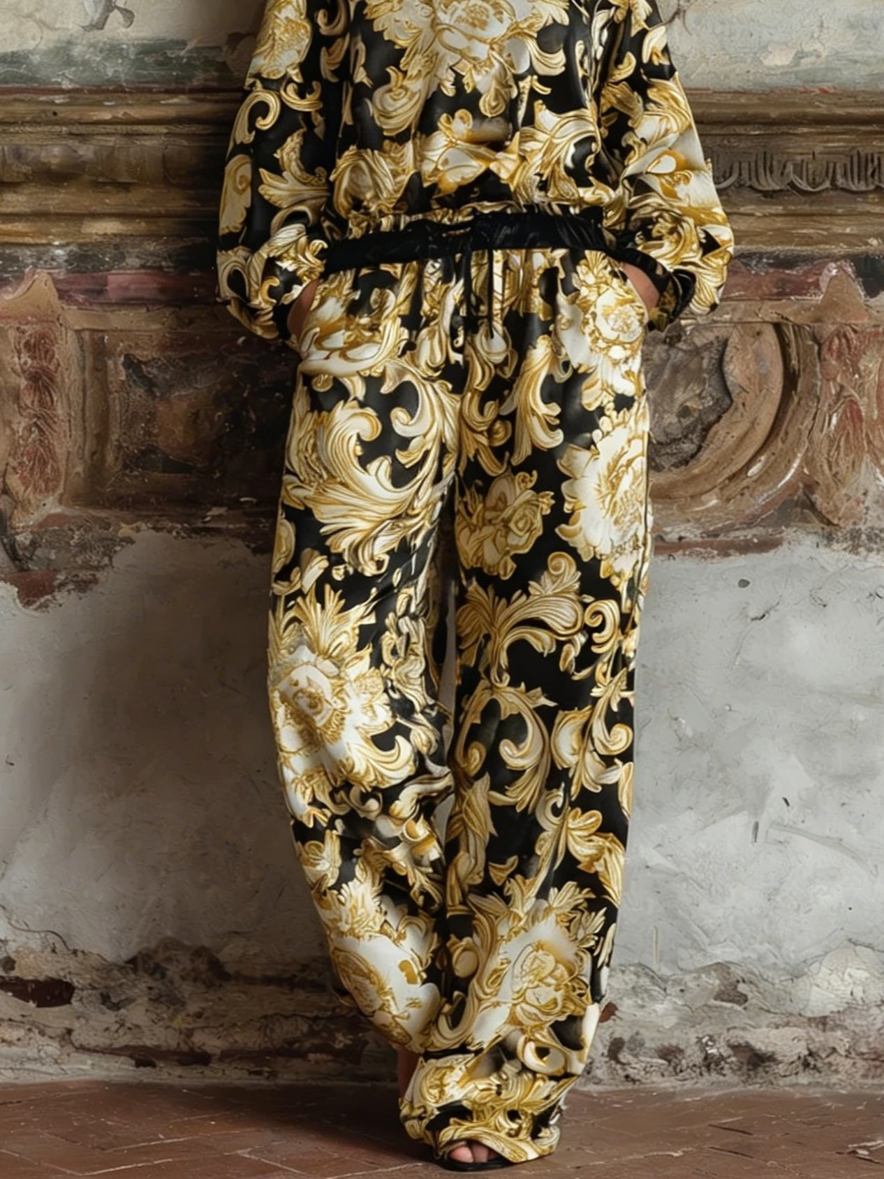 Baroque Floral Print Long-sleeved Top And Wide-leg Pants Loungewear Set