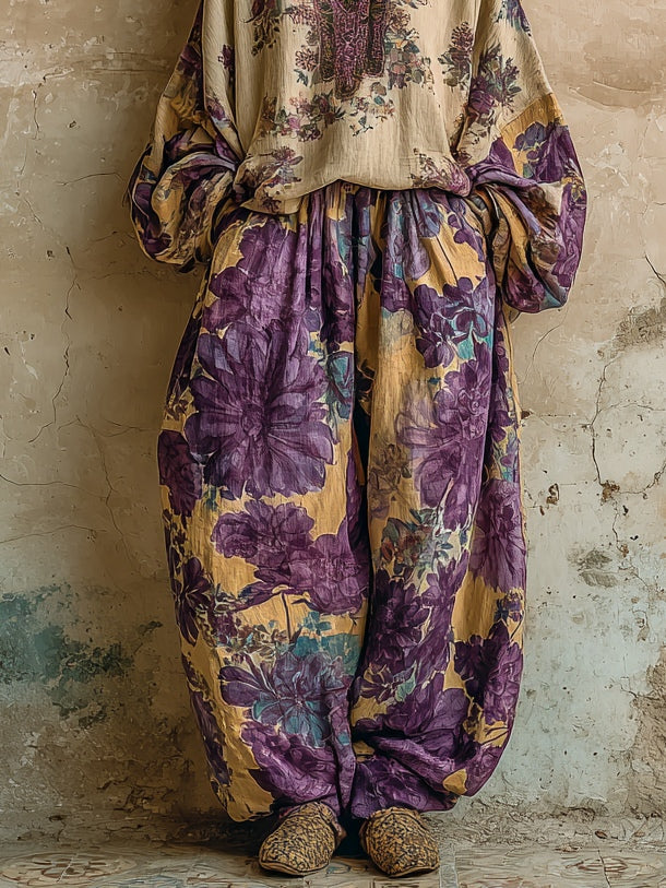Bohemian Floral Print Loose V-neck Top And Wide-leg Pants Set