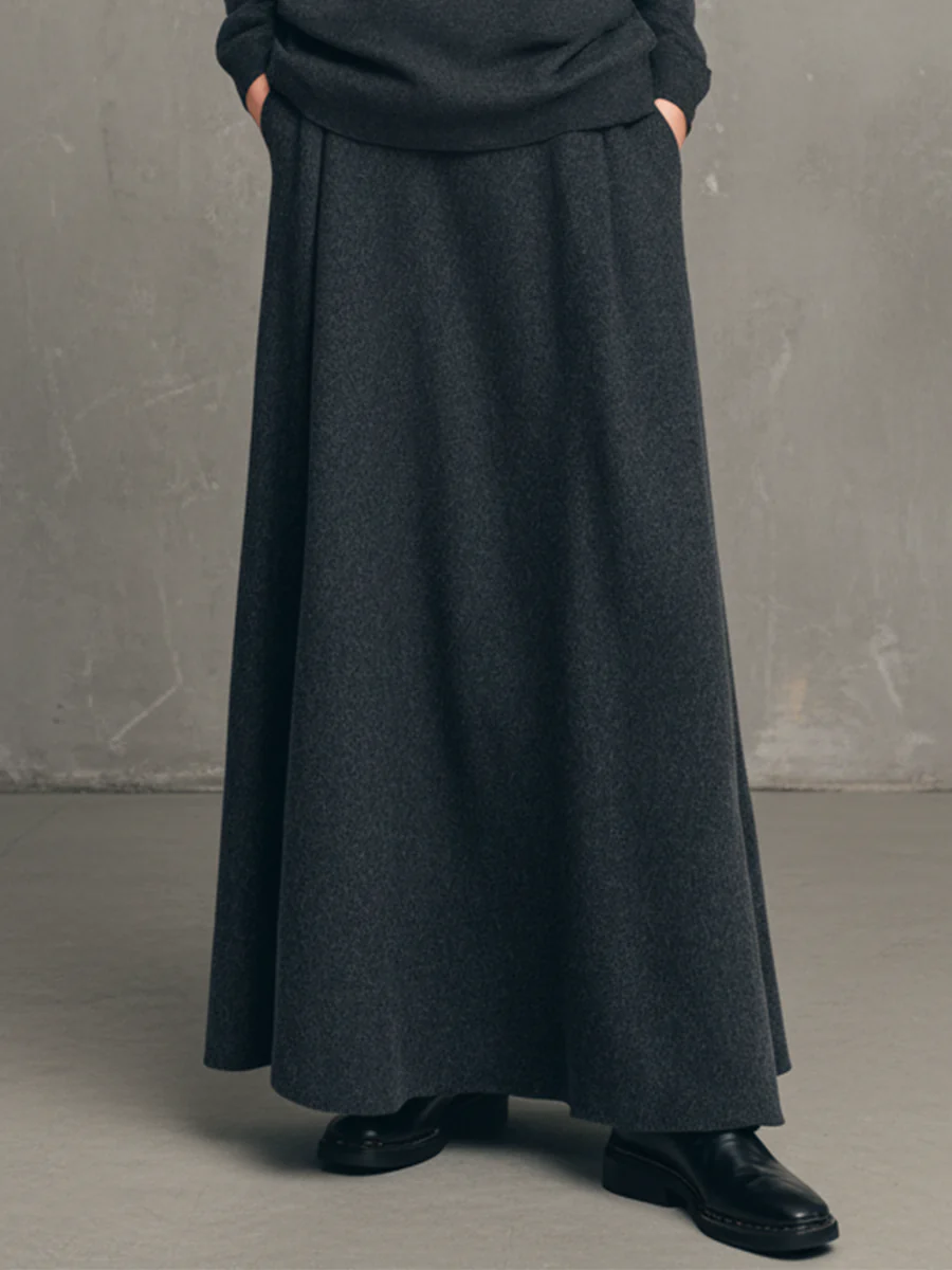 Charcoal Gray Air-layer High-neck Top And Flared Long Skirt Set