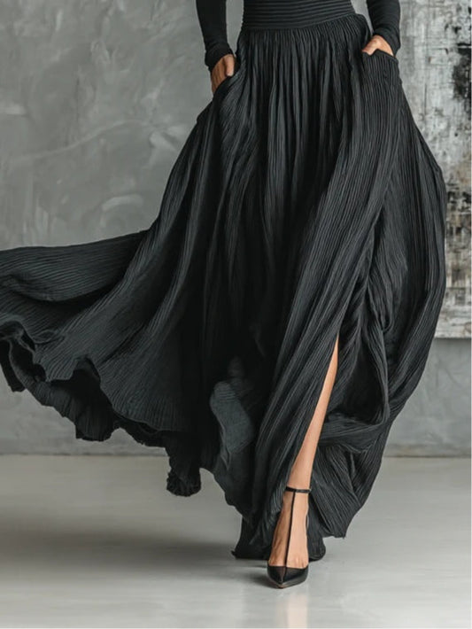 Fashion All Black Skinny Turtleneck T-shirt Pleated Skirt Set