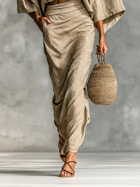 Cotton And Linen Blend Bat Sleeve Long Skirt Two-piece Set - Samberule