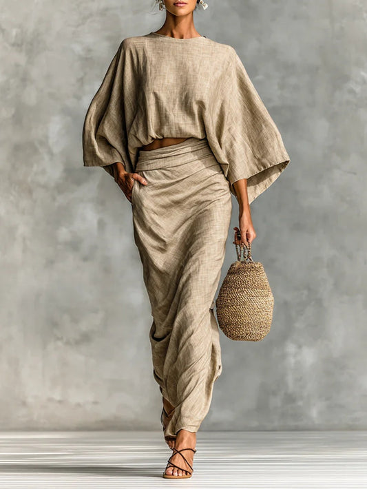 Cotton And Linen Blend Bat Sleeve Long Skirt Two-piece Set - Samberule