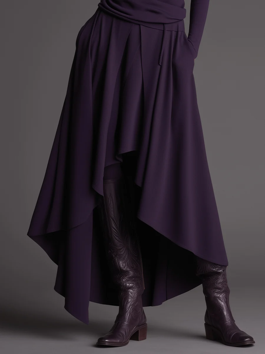 Purple Turtleneck Top and Asymmetrical Skirt Two-piece Set