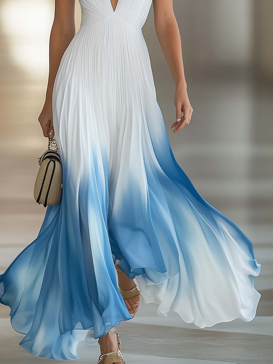 Elegant And Flowing V-Neck Pleated Chiffon Blue Gradient White Maxi Dress - Samberule