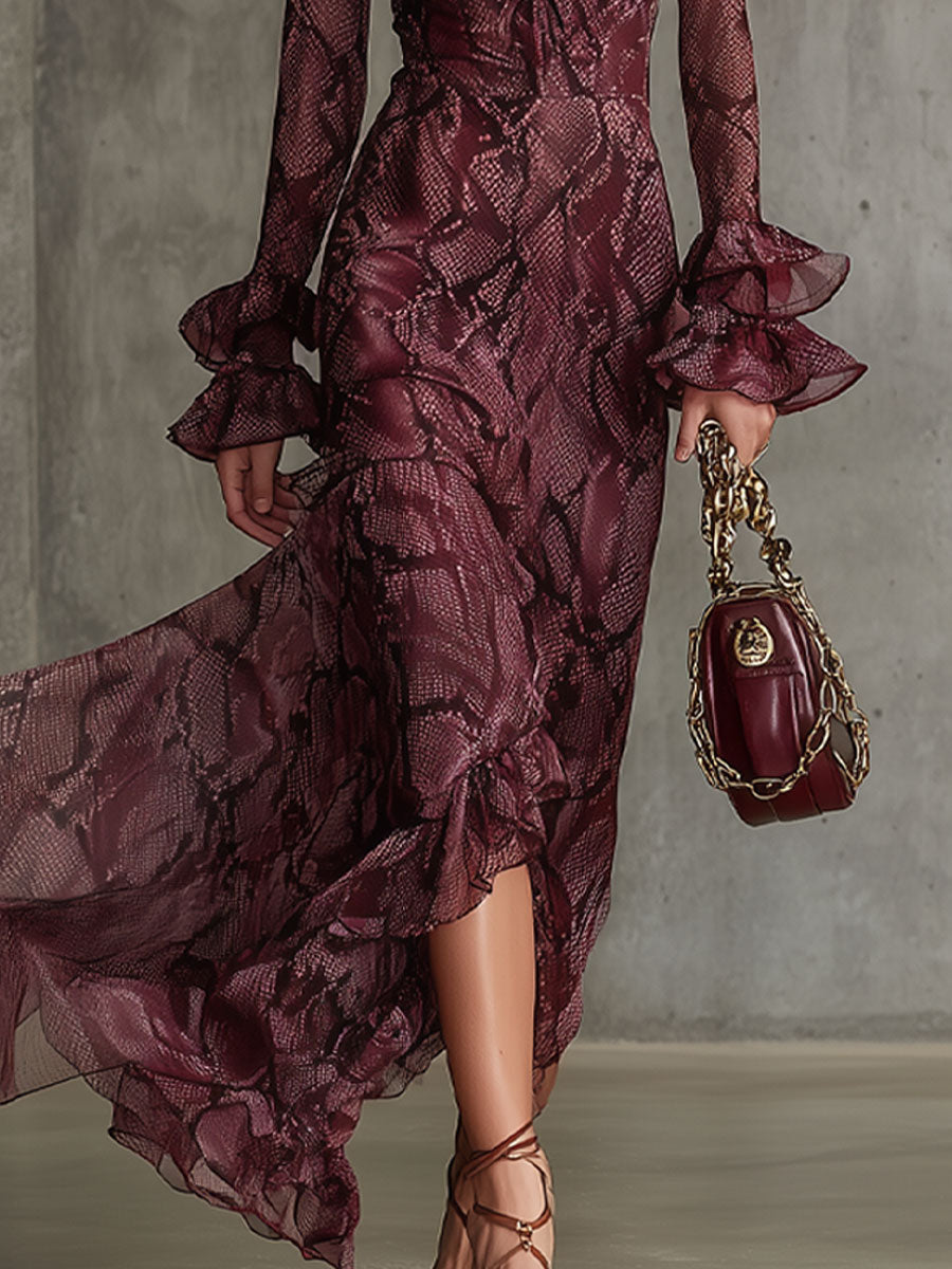 Elegant And Fashionable Burgundy Chiffon Snakeskin Pattern Ruffled Long-Sleeved Maxi Dress - Samberule