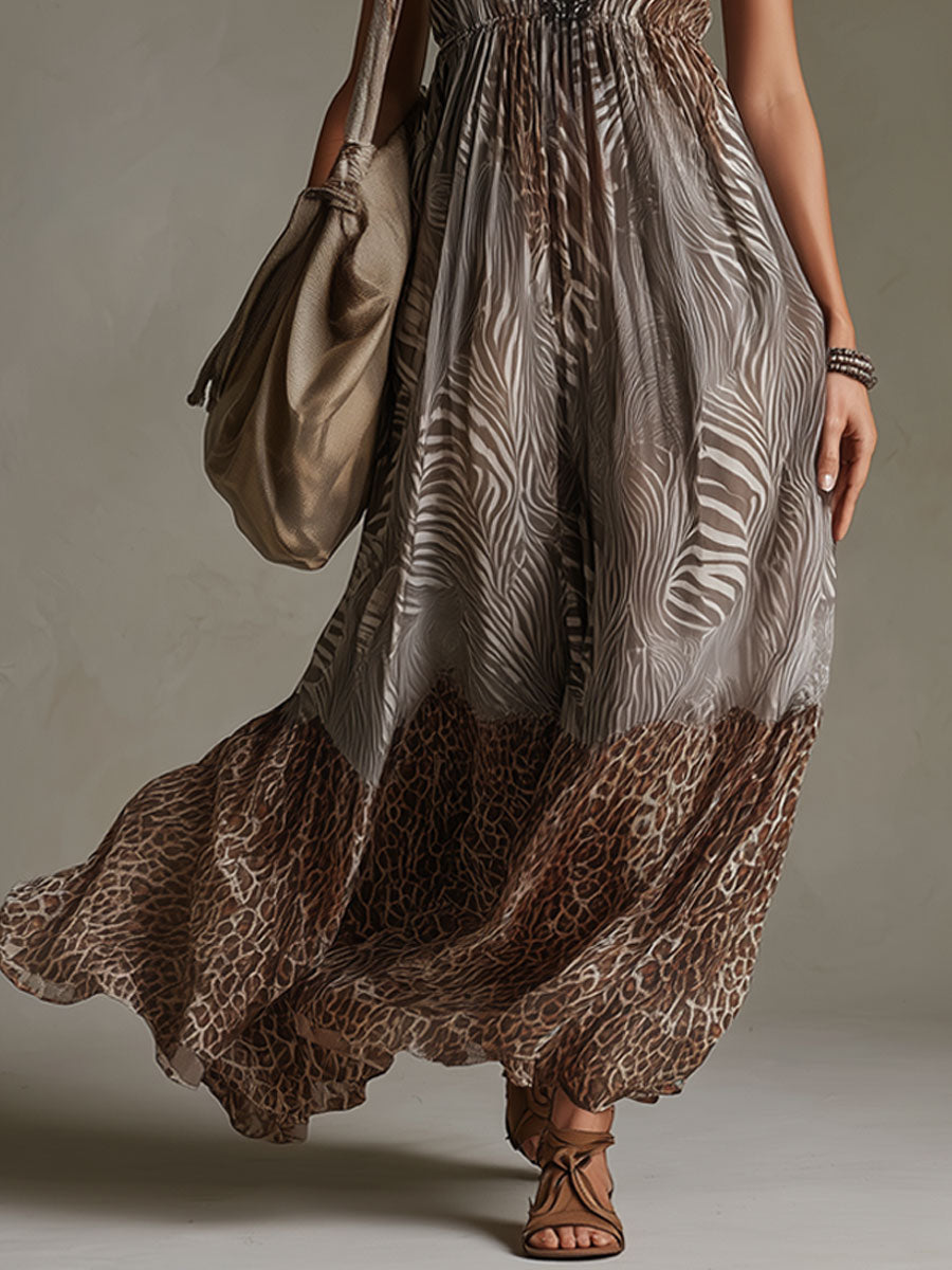 Vacation Retro Leopard Print Zebra Brown Chiffon V-Neck Lace Sleeveless Maxi Dress - Samberule
