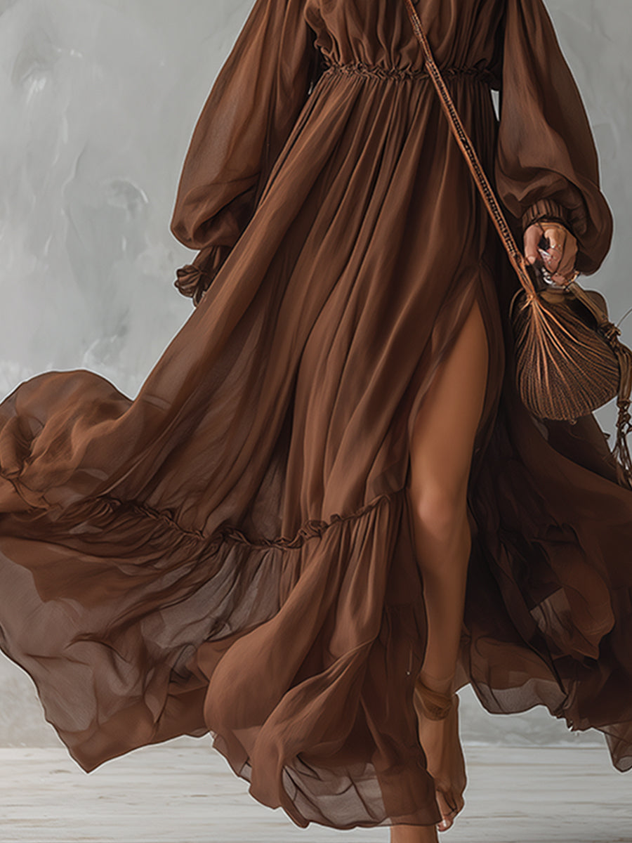 Classic And Elegant Brown Chiffon Off-the-shoulder Long-sleeved Maxi Dress - Samberule