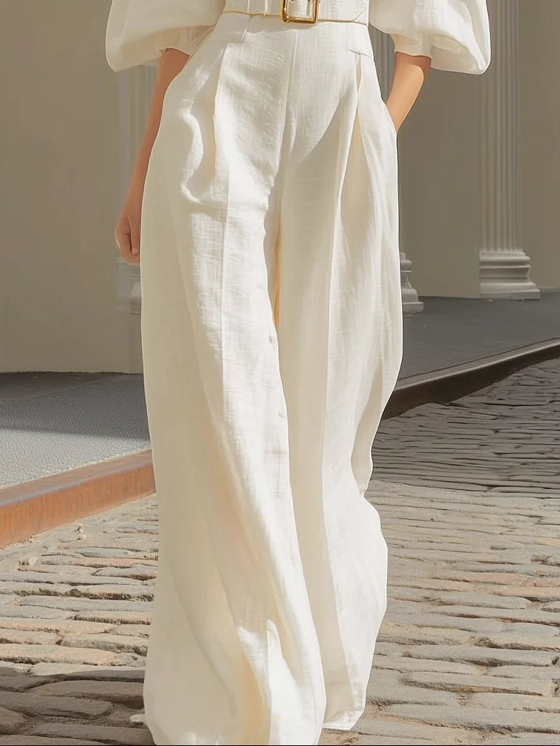 White V-neck lantern sleeve wide-leg jumpsuit(Includes belt)