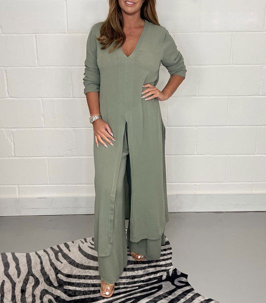 Two-piece Casual Long Top and Matching Pants Set