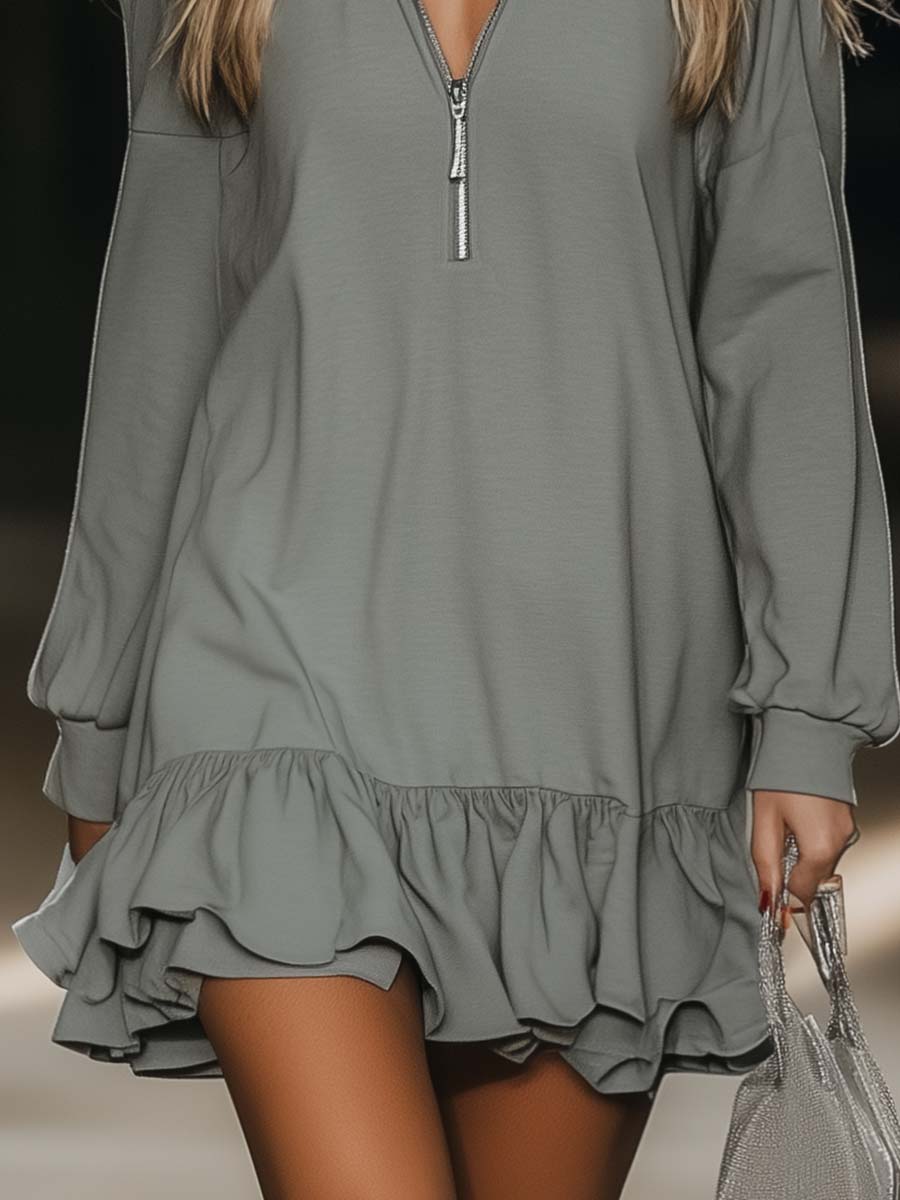 Casual Loose Fashion Zipper V-neck Long Sleeve Lotus Leaf Hem Gray Mini Dress - Samberule