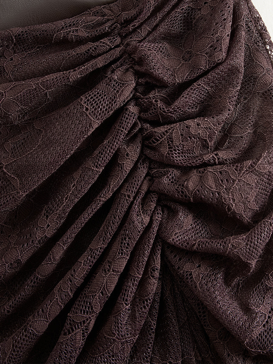 Retro High-end Brown-red Imitation Leather Stitching Lace Long-sleeved Maxi Dress