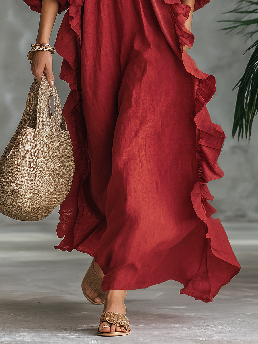 Elegant Retro Vacation V-neck Ruffled Cotton And Linen Maxi Dress - Samberule