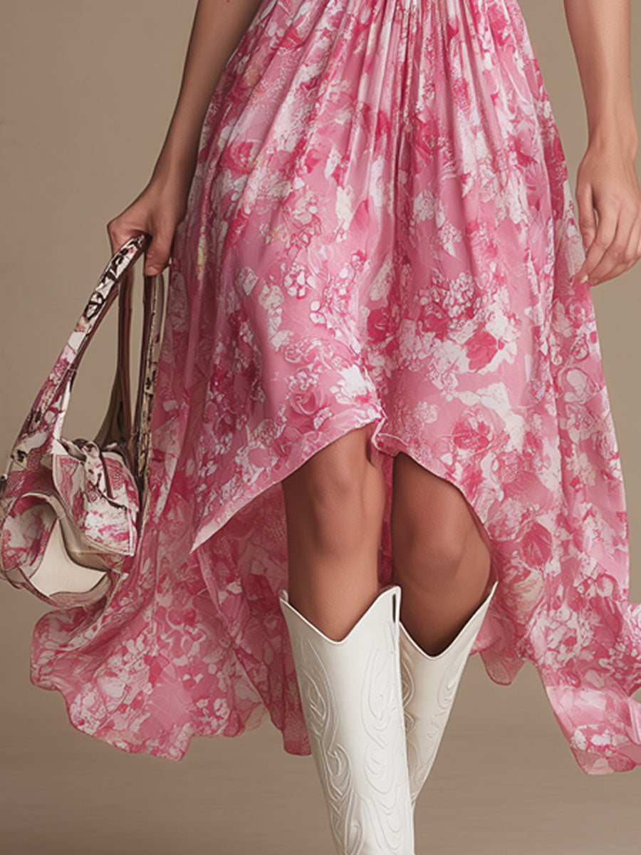 Fashionable Vacation Halter Neck Pink Floral Chiffon Hollow Midi Dress - Samberule