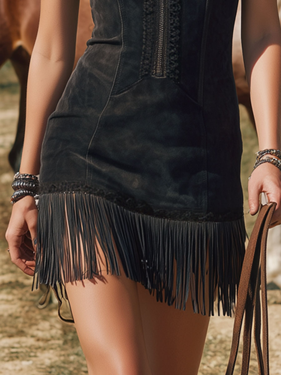 Western Retro Lace Sleeveless Black Faux Suede Tassel Mini Dress - Samberule