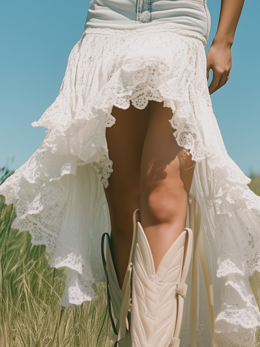 【24-hour shipping out】Romantic And Fashionable Short Front And Long Back Lace Patchwork Denim Skirt - Samberule