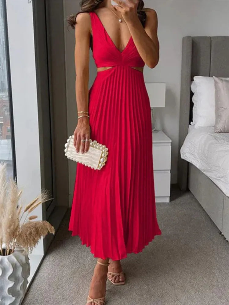 Caroline - Elegant V-Neck Pleated Skirt Dress for Women - Samberule
