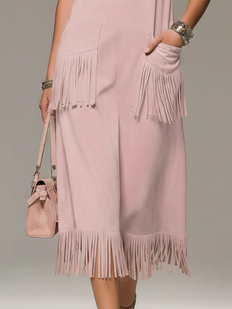 Elegant And Comfortable Square-neck Sleeveless Fringed Faux Suede Midi Dress - Samberule