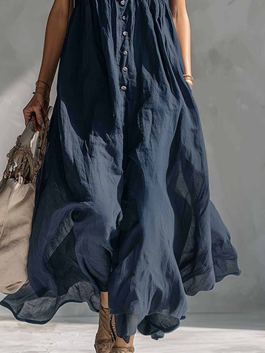 Modern Urban Style Leopard Print Collar Navy Blue Cotton And Linen Sleeveless Maxi Dress - Samberule