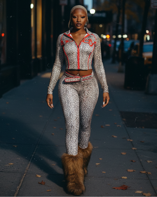DELYSSA Leopard Cropped Jacket Top & Pants Set