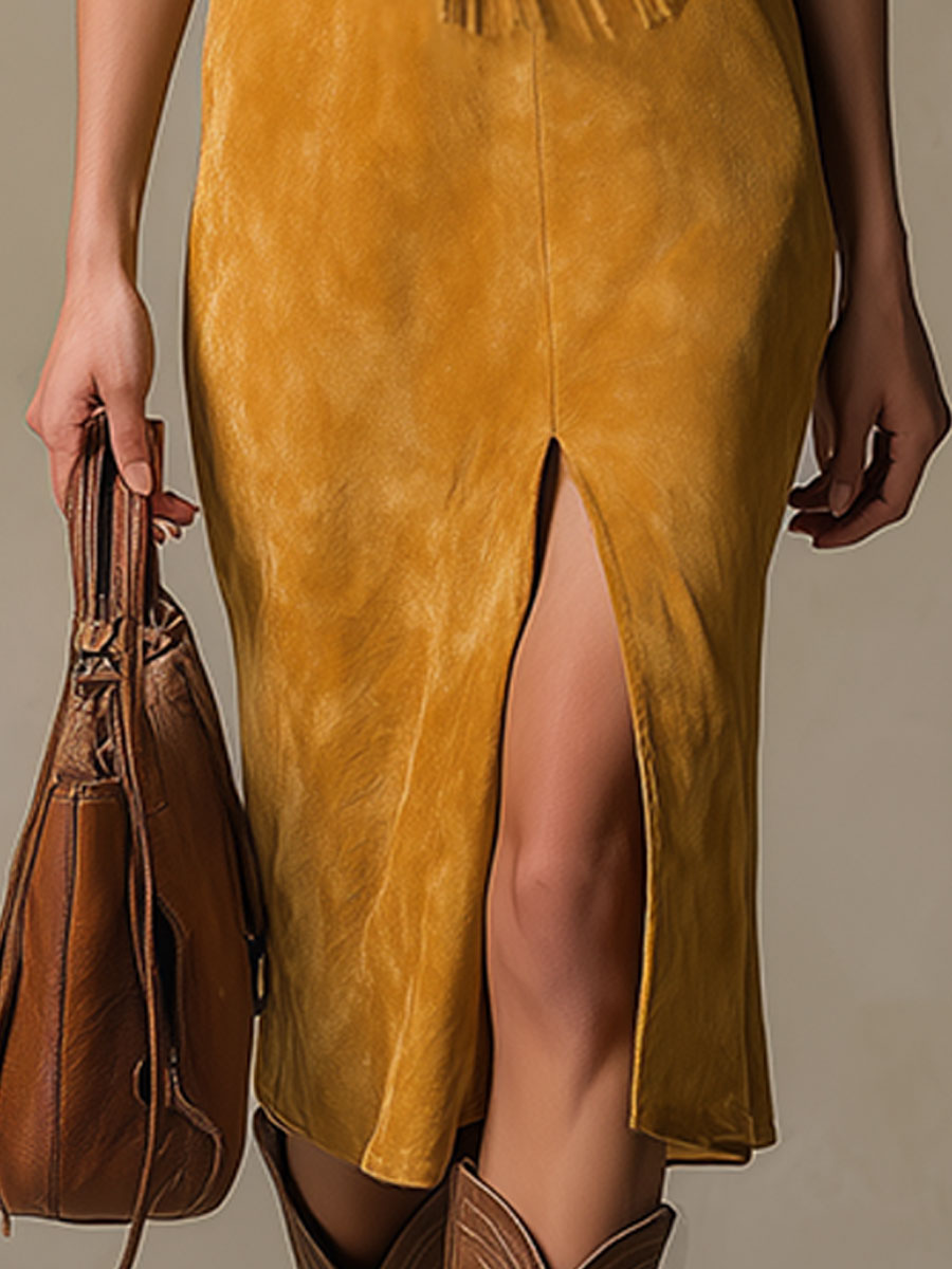 Western-style Retro Embroidered Brown Tassel Sleeveless Faux Suede Midi Dress - Samberule