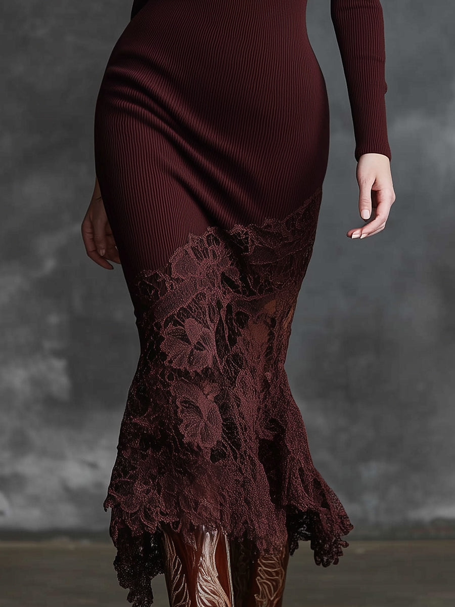 Simple And Elegant High-neck Lace Hem Burgundy Knitted Maxi Dress - Samberule