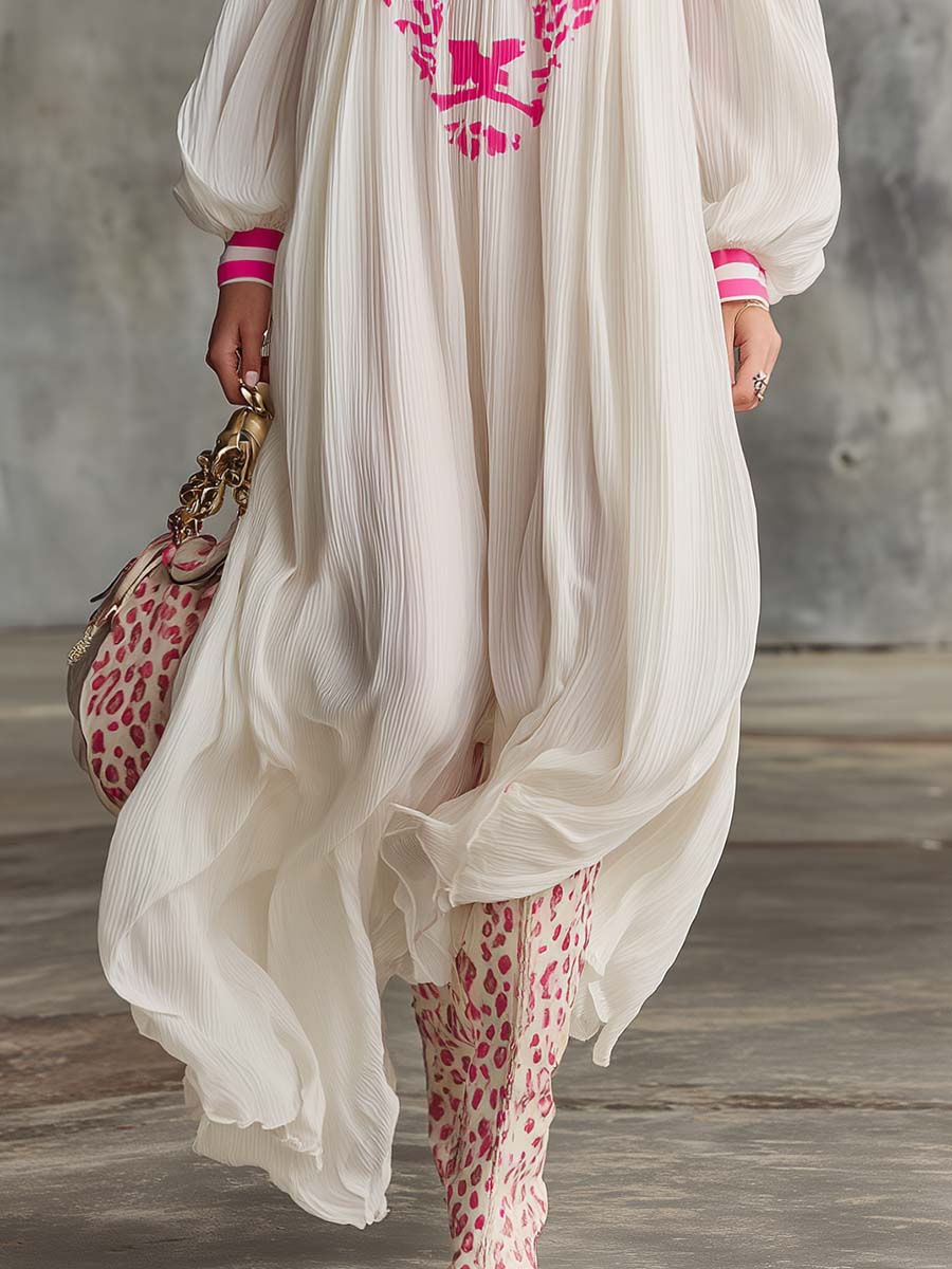 Elegant Flowing, Ultra-loose Off-shoulder Pink Leopard Print Off-white Chiffon Maxi Dress - Samberule