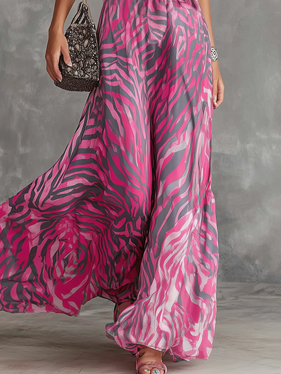 Stylish And Elegant Hot Pink Zebra Print Chiffon Halter Neck Sleeveless Maxi Dress - Samberule