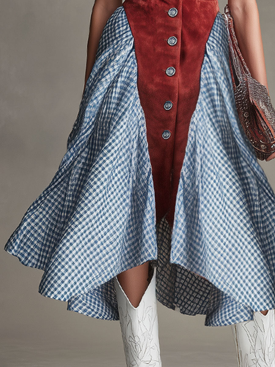 Western-style Retro Plaid Chiffon Red Faux Suede Sleeveless Midi Dress - Samberule