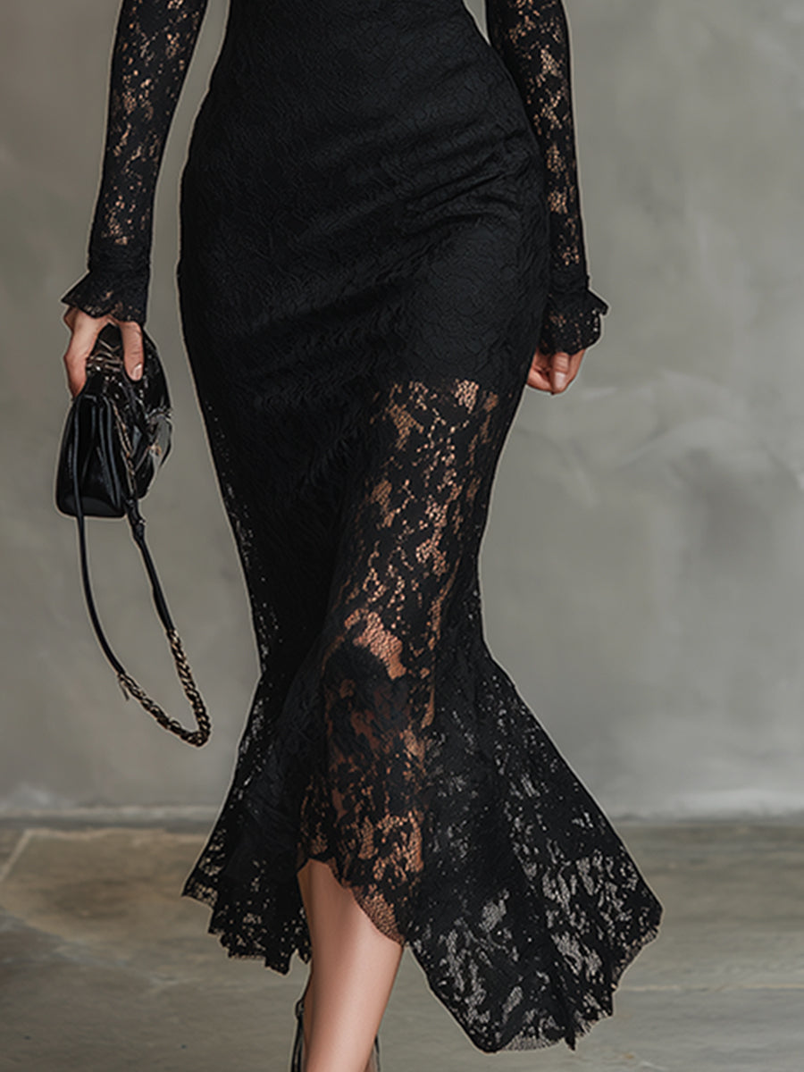Elegant Party Black Stretch Lace Fishtail Maxi Dress - Samberule