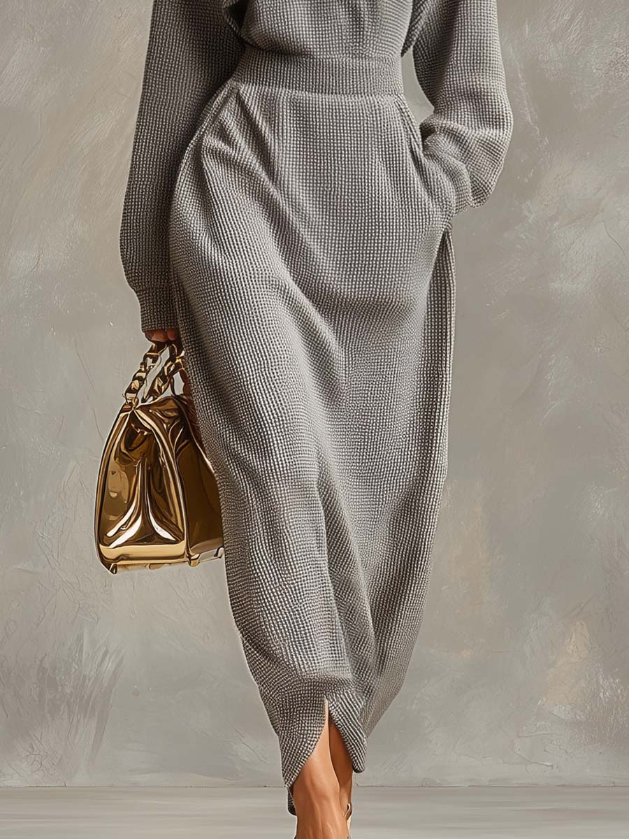 Exquisite Casual Lapel Front Zipper Long Sleeve Light Gray Waffle Fabric Maxi Dress - Samberule