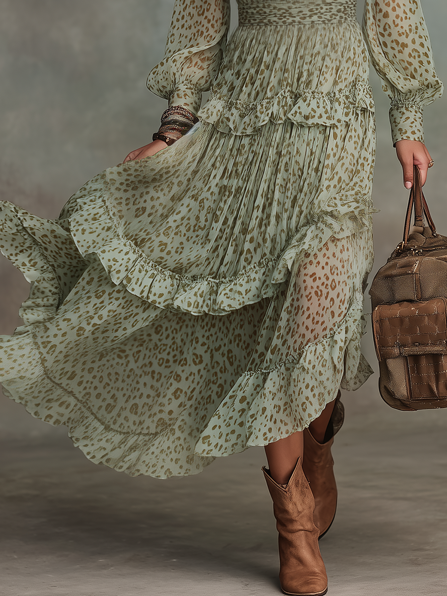 Vintage And Elegant V-neck Ruffled Leopard Print Chiffon Midi Dress - Samberule