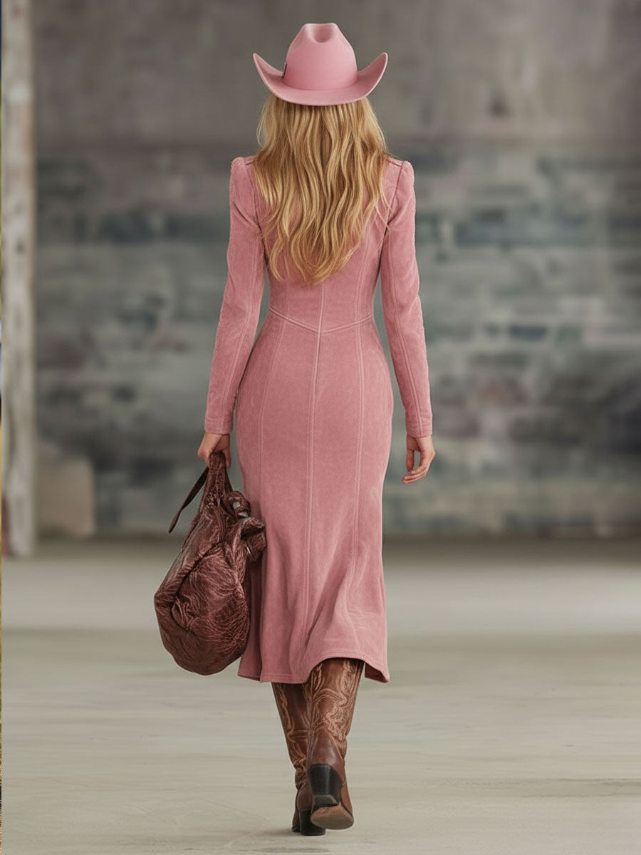 Lapel Collar Zip-up Side-slit Embroidered Faux Suede Long-sleeved Midi Dress - Samberule