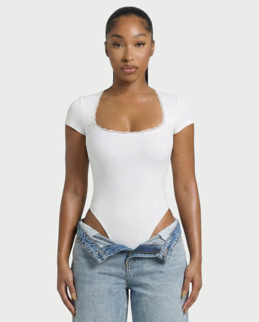 Ribbed Lace-Trim Square Neck Bodysuit - Samberule