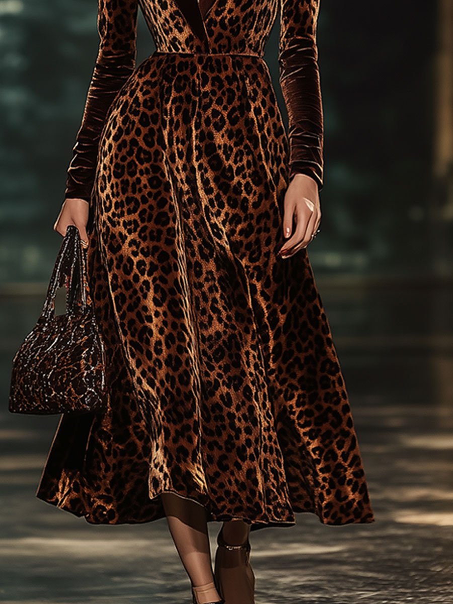【24-hour shipping out】Lapel Fashion Party Leopard Print Velvet Long Sleeve Midi Dress - Samberule