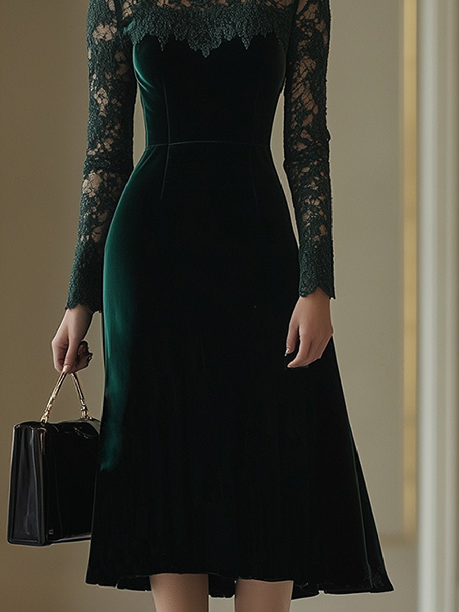 Elegant Retro Velvet Stitching Lace High Collar Long Sleeve Midi Dress - Samberule
