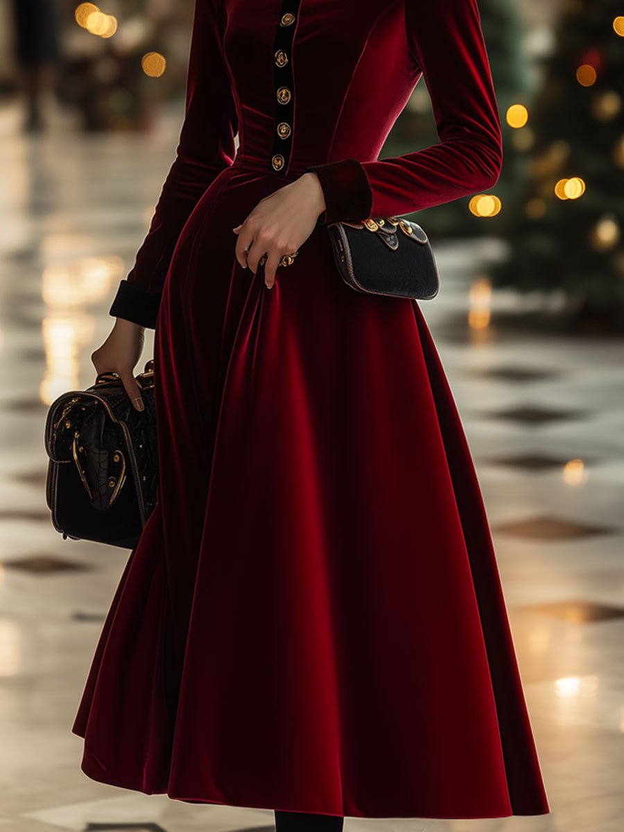 Fashion Retro Ankola Red Velvet Single-Breasted Long-Sleeved Midi Dress - Samberule