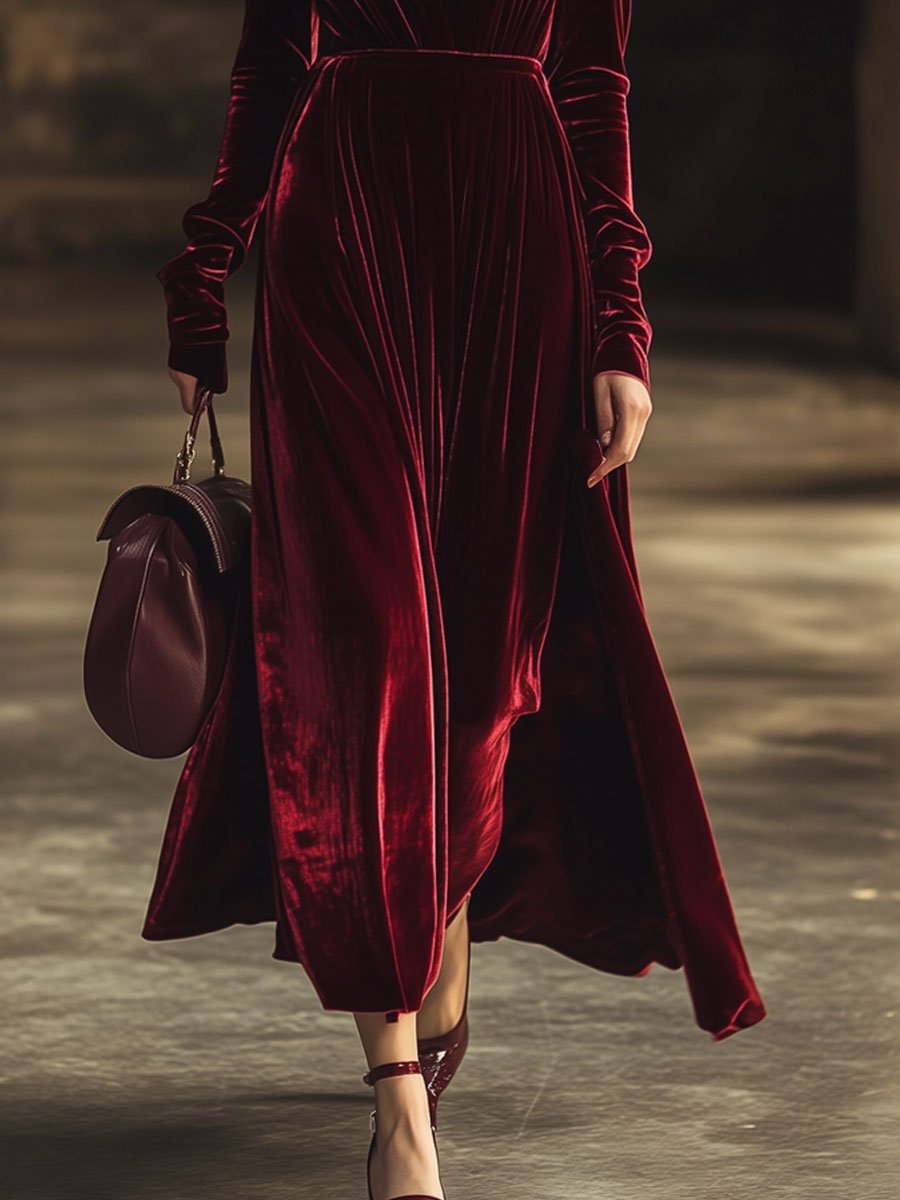 【24-hour shipping out】V-Neck Retro Solid Color Velvet Long-Sleeved Midi Dress - Samberule