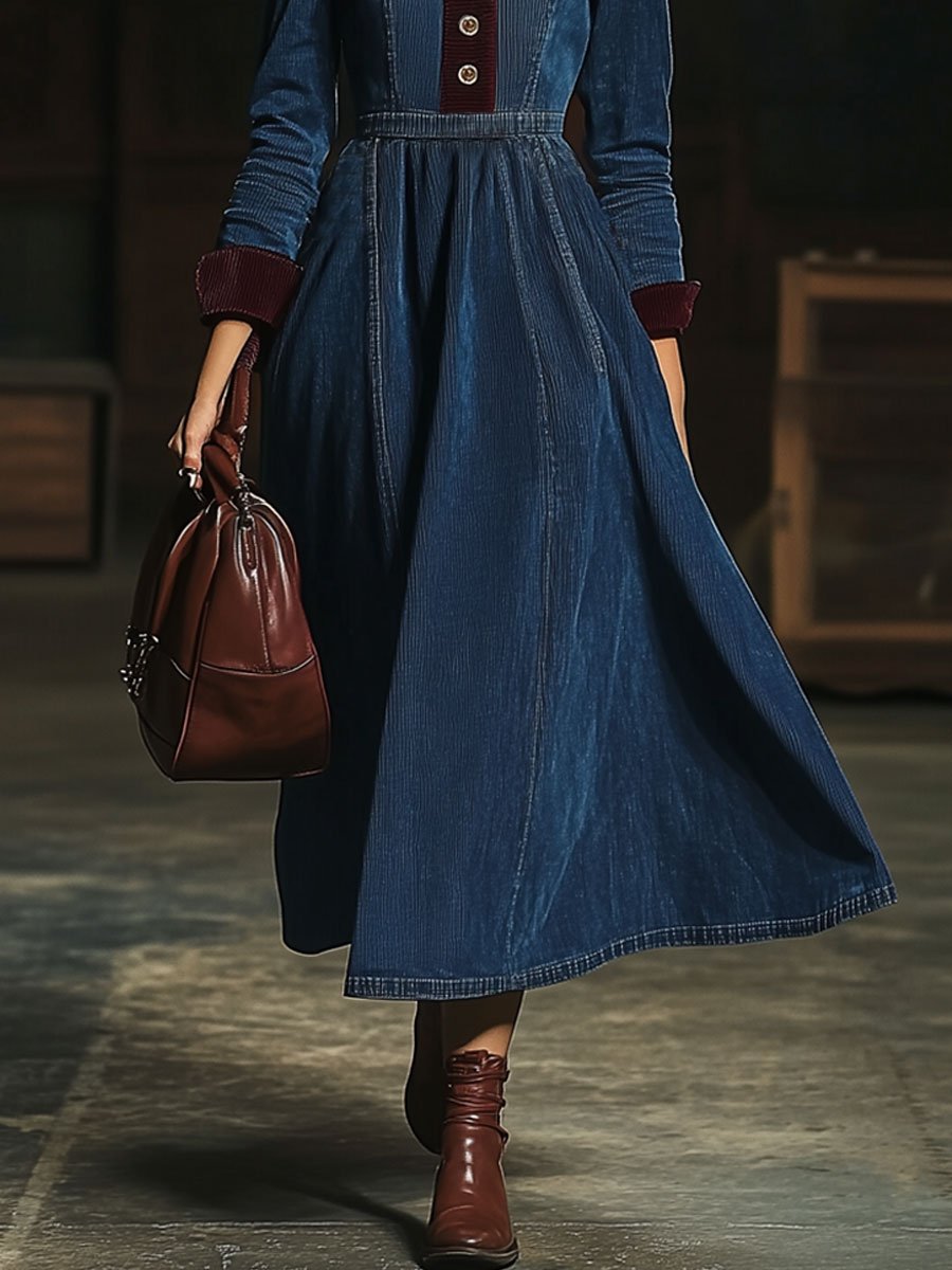 【24-hour shipping out】Casual Retro Contrast Color Corduroy Stitching Elastic Waist Long Sleeve Midi Dress - Samberule