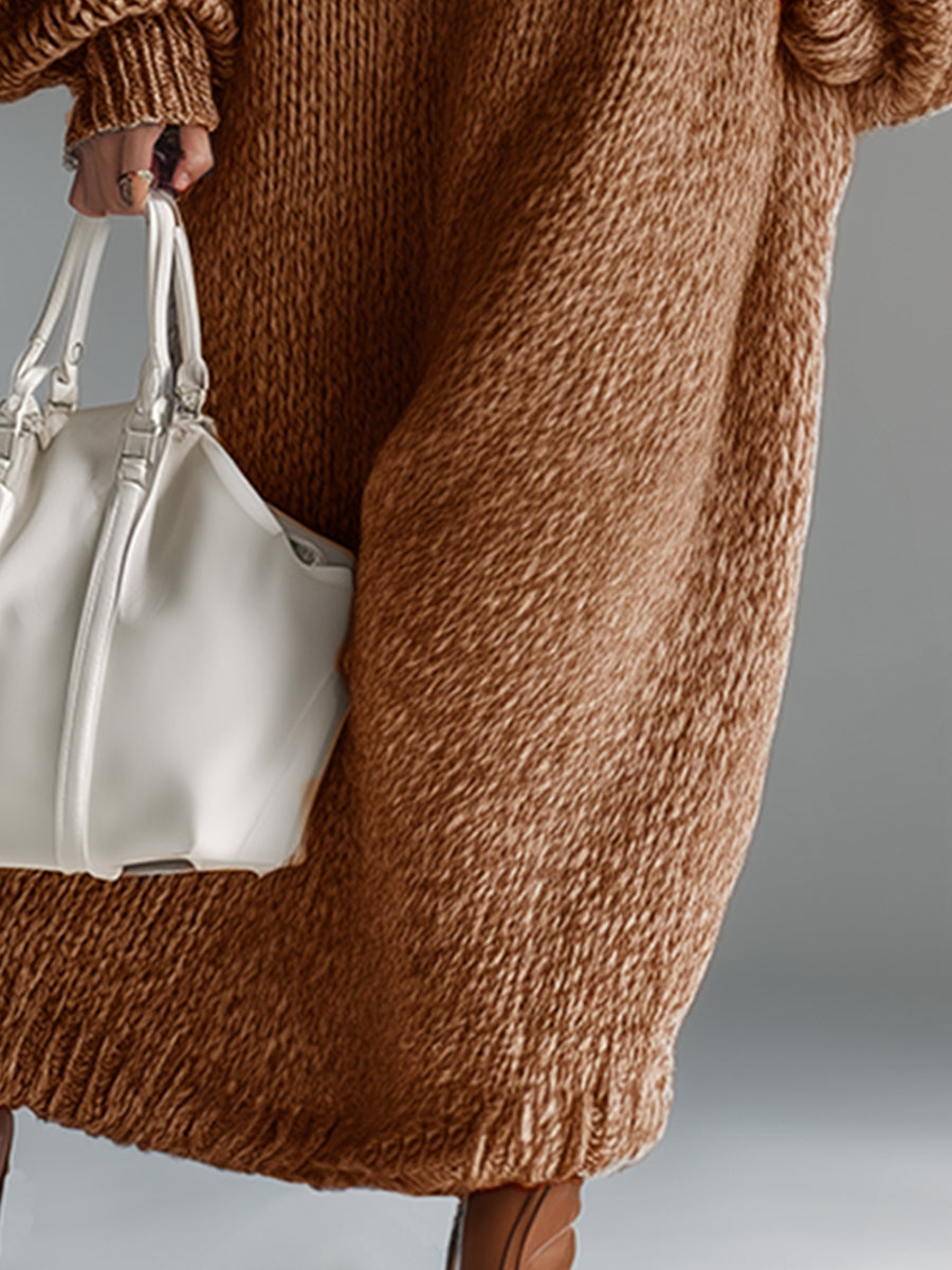 Elegant Urban Silhouette Round Neck Heathered Khaki Knitted Maxi Dress - Samberule