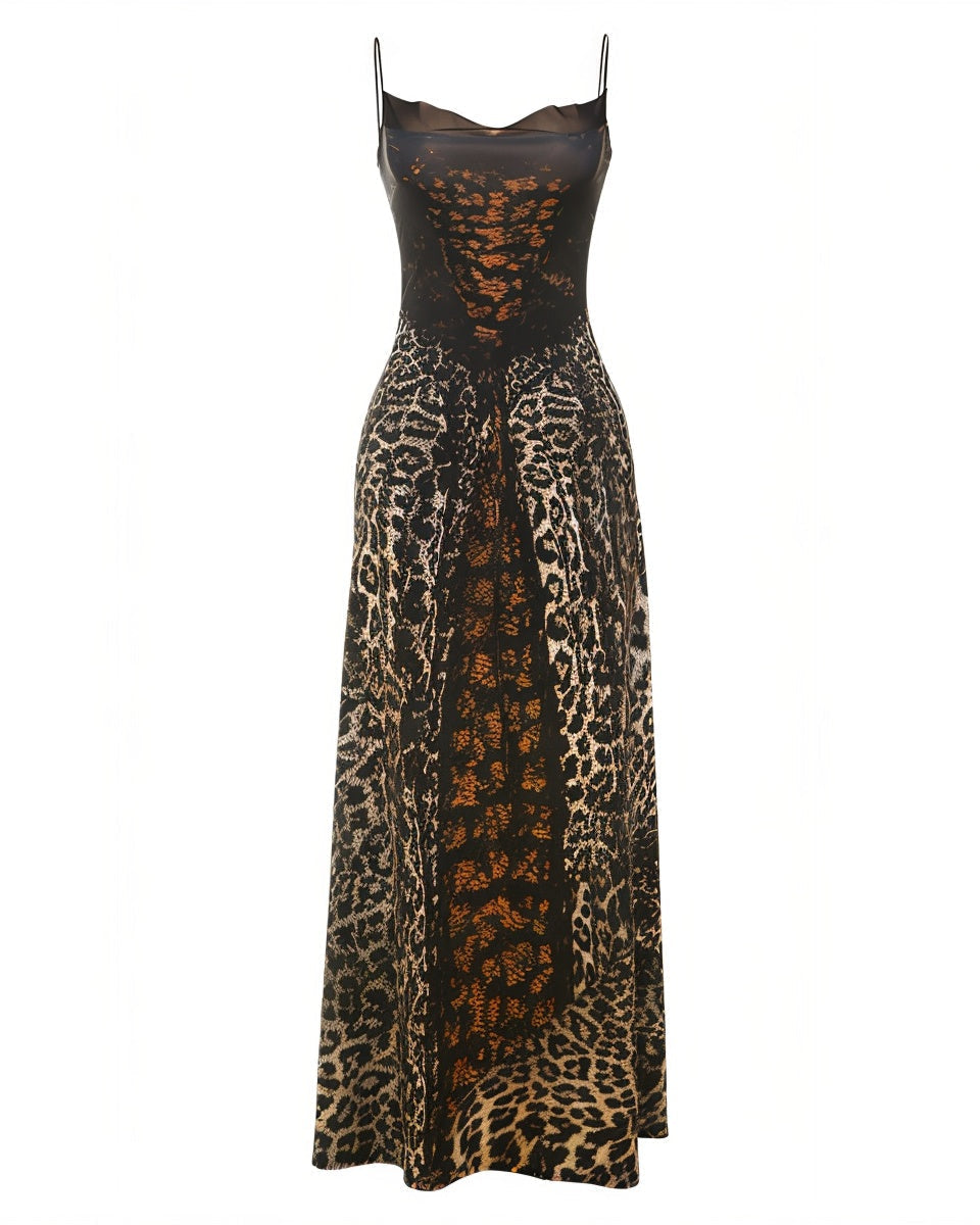CAITLYN Leopard Print Lace-up Waist Maxi Dress