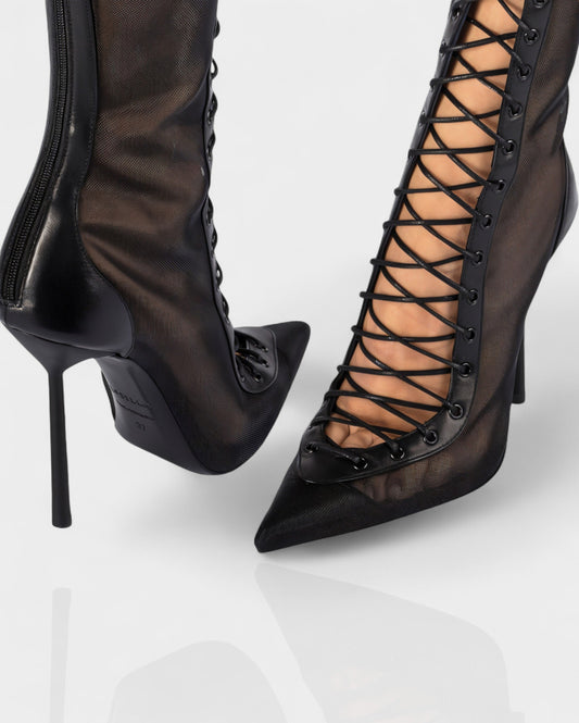 ESCAS Lace-Up Mesh Knee-High Stiletto Boots