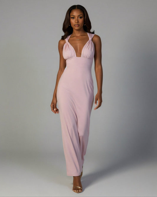 SELYA Plunge Halter Ruched Maxi Dress